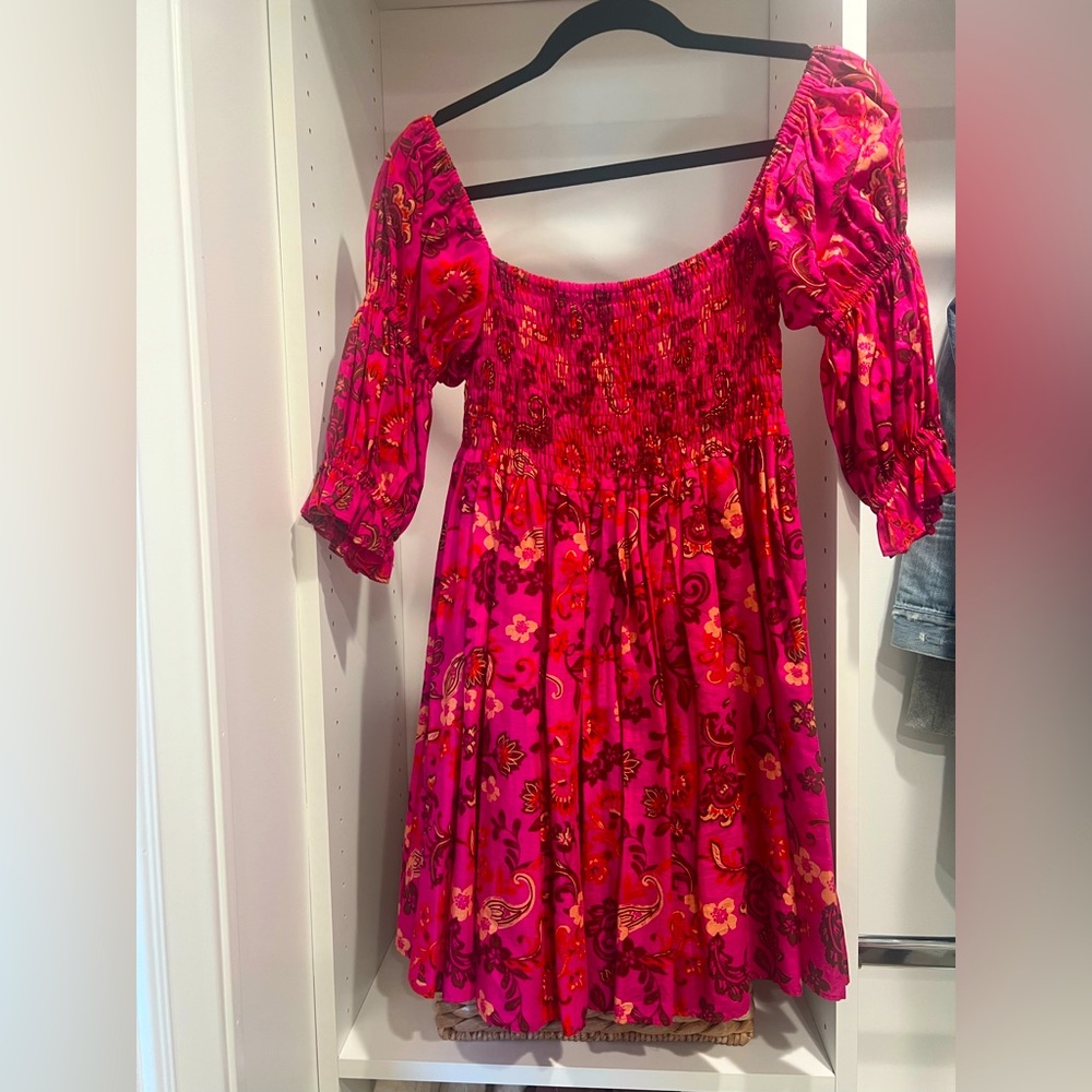 Misa Los Angeles Hot Pink Floral Paisley Off The Shoulder Smocked Dress XS New!
